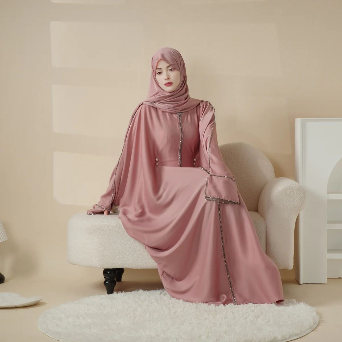 Butterfly Satin Abaya with Zipper