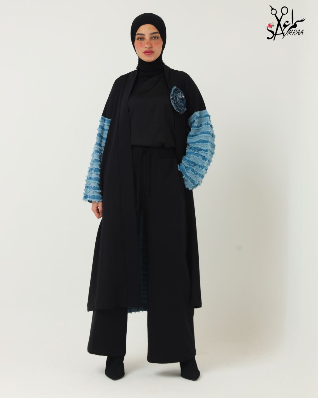 Denim Panel Long Jacket Set