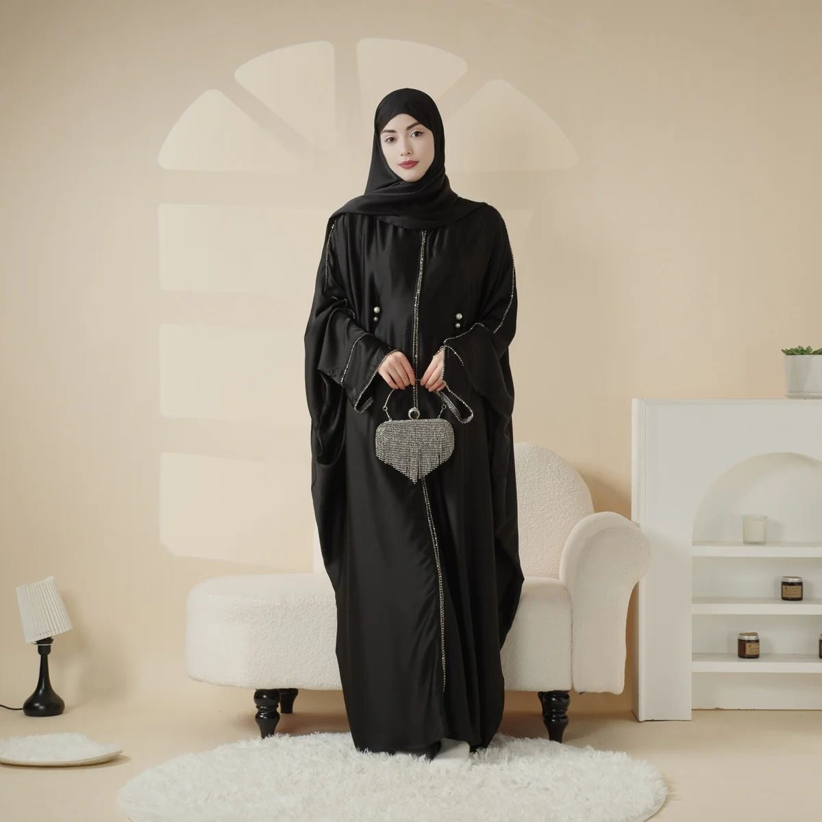 Butterfly Satin Abaya with Zipper