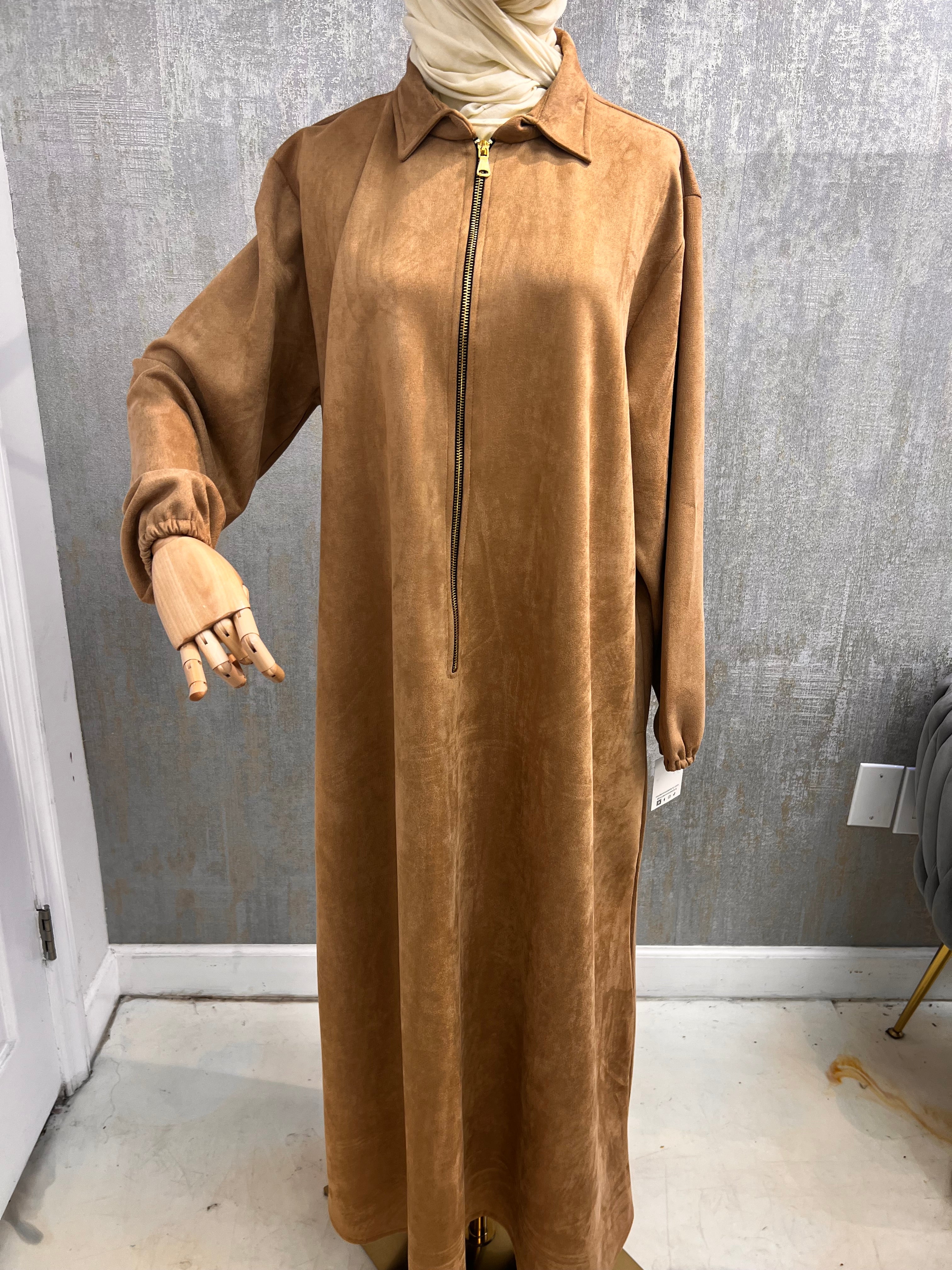 Tan Zip-Front Suede Dress